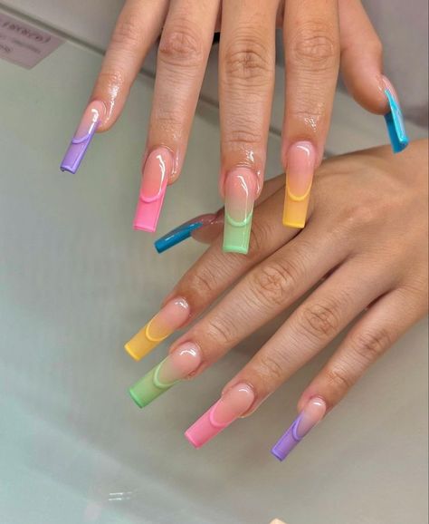 777 French Tip With Outline Acrylic Nails, Colorful Medium Acrylic Nails, Coffin Acrylic Nails Neon, Neon Birthday Nails, Trending French Nails, Colorful Neon Nails, Baddie Nails Summer, Neon Light Nails, Summer Coffin Nail Ideas