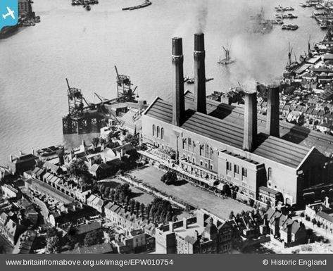 epw010754 ENGLAND (1924). London County Council Generating Station, Greenwich, 1924. This image has been produced from a copy-negative. | Britain From Above Fantasy Detective, Cutty Sark Ship, Lady London, Greenwich Peninsula, Historic London, Old Greenwich, Greenwich London, Southeast London, Factory Architecture