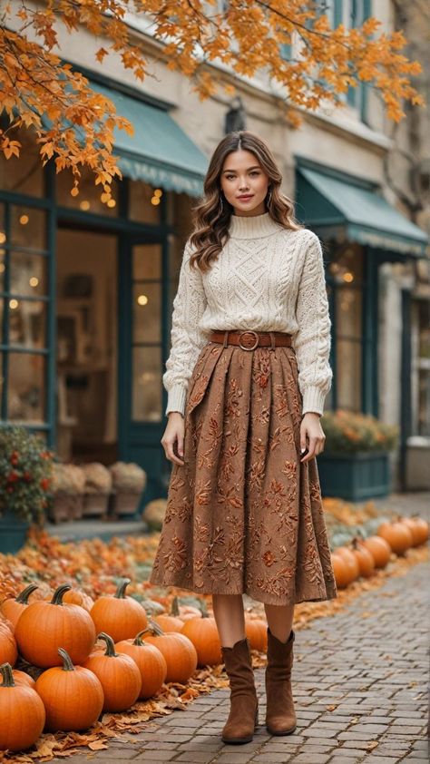 Vienna October Outfit, Fall Boots With Skirts, Midi Flowy Skirt Outfit, Pleated Skirt Autumn Outfit, Sweater With Flowy Skirt, Village Style Clothes, Floral Fall Outfit, Conservative Fall Outfits, September Aesthetic Outfits