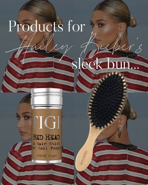 Sleek ponytail. Sleek hairstyles. Get Hailey Bieber's Sleek Bun with two products! Wax stick from TIGI and a Boar Hair Barber's Brush. So chic. The wax stick is also perfection for taming flyaways. So much better than crunchy hairspray or gel. Sleek Bun Hairstyles, Bed Head Hair, Soap Photography, Hair Wax Stick, Tigi Bed Head, Hair Barber, Wax Stick, Sleek Bun, Hair Wax