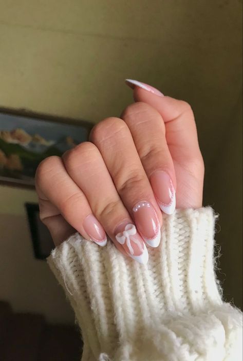 Cotteque Nails, Simple Classy Nail Art, Pink Coquette Nails Almond, Strawberry Nails Acrylic Almond, Best Acrylic Nails Almond, Almond Coquette Nails, Cute Nail Inspo Simple, White Coquette Nails, Coquette Almond Nails