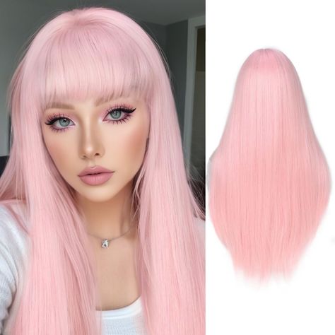 PRICES MAY VARY. 【Premium Heat Resistant Material】Sakura pink wig is made of 100% high-quality heat resistant synthetic fiber (maximum heat 180℃/356℉ ). Can be styled as you want. The silky straight wigs say no to tangle, shedding or itchy. Very soft, smooth and lightweight. Realistic as human hair. 【Cap Size】2 adjustment straps inside the short straight hair wigs, average fit 22 - 23 inches head circumference. 【Trending Cut】 Shape your face and embrace your natural beauty effortlessly with long Long Wigs With Bangs, Long Pink Hair With Bangs, Pastel Pink Wig, Pink Hair Wig, Pink Wig With Bangs, Layered Ends, Kitty Costume, Kitty Room, Long Pink Hair