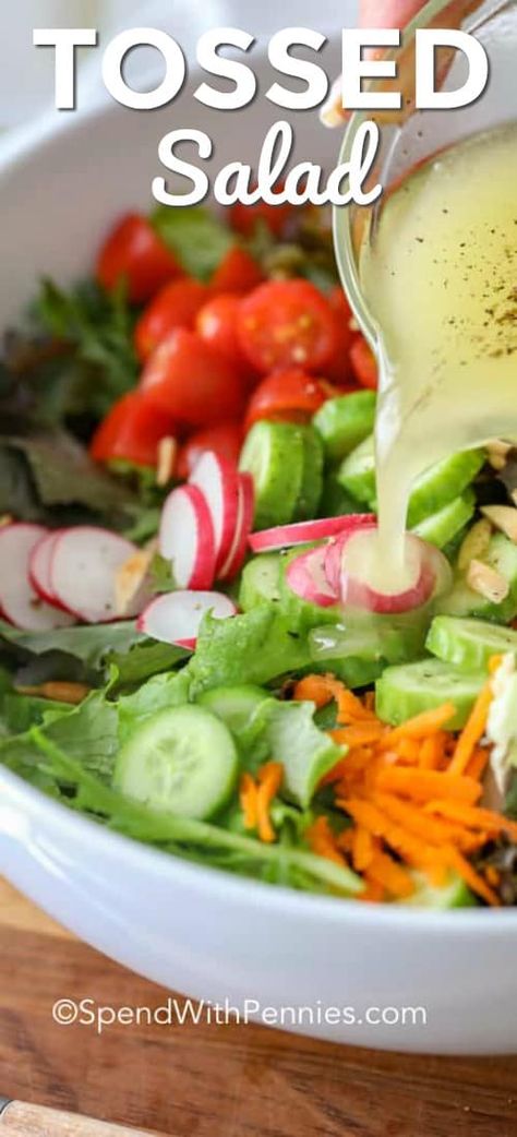 This simple tossed salad recipe is the perfect way to enjoy your garden vegetables! It is full of fresh lettuce, tomatoes, cucumbers and any other mixed vegetables you wish all drizzled with a delicious dressing! Mmmmm.... #spendwithpennies #tossedsalad #gardenvegetables #farmersmarketvegetables #sidesalad #healthyeating Simple Tossed Salad, Garden Salad Recipe, Salad Macaroni, Vegetable Salad Recipes, Green Salad Recipes, Fresh Salad Recipes, Spend With Pennies, Salad Pasta, Croutons Homemade