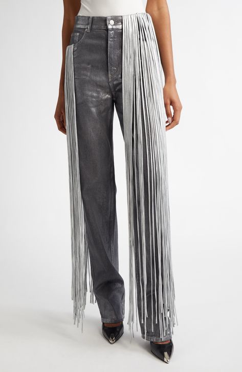 Area Metallic Fringe Straight Leg Jeans available at #Nordstrom Area Jeans, Fringe Bottom Jeans, Fringe Pants, Metallic Jeans, Jean Crafts, Silver Jeans, Bottoms Pants, Straight Leg Jeans, Clothing Items