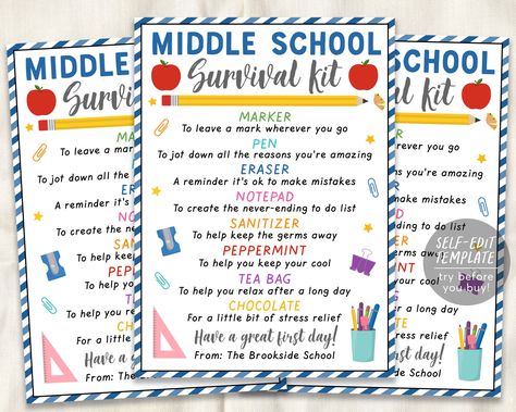 Middle School Student Survival Kit Gift Tags Editable Template, Back To School Gift For Teachers Staff Students, 6th 7th 8th Grade #thriftyfrugalmom #teachergift #teacherappreciation #cheapgifts #teacher #create #students #gifts. Go for more info 👉https://whispers-in-the-wind.com/top-10-graduation-gift-ideas/?teacher279 Middle School Survival Kit, Student Survival Kits, Principal Appreciation, Middle School Survival, Survival Kit Gifts, Graduation Printables, School Survival Kits, Survival Kit For Teachers, Teacher Survival