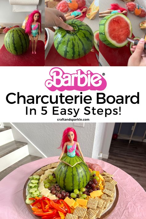 Barbie Birthday Party At Park, Barbie Veggie Tray, Charcuterie Board Barbie, Barbie Charcuterie Board Ideas, Barbie Fruit Platter, Barbie Fruit Tray, Chauterrie Board, Barbie Charcuterie, Barbie Charcuterie Board