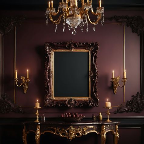 Transform your space with the exquisite charm of our Dark Mahogany Baroque Frame, a perfect blend of Gothic elegance and Baroque sophistication. Whether you're looking to add a touch of vintage grandeur to your home decor or display your most cherished memories, this frame is designed to captivate and elevate any setting. ✨ Why You'll Love Our Dark Mahogany Baroque Frame: Timeless Gothic Elegance: Embrace the rich, dark mahogany finish and intricate Baroque detailing that bring a touch of Gothic Gothic Wall Mirror, Gothic Tv Stand Decor, Light Gothic Interior, Baroque Gothic Aesthetic, Gothic Royal Bedroom, Gothic Music Room, Vintage Frame Gallery Wall Ideas, Decorative Windows On Wall, Gothic Baroque Interior Design