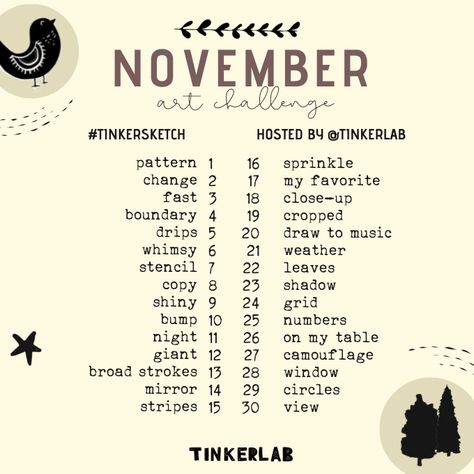 November Art Challenge 30 Day, Art Challenge November, November Prompts Drawing, November Art Prompts, Drawing Challenge November, November Drawing Challenge, November Art Challenge, November Drawings, Tattoo Prompts