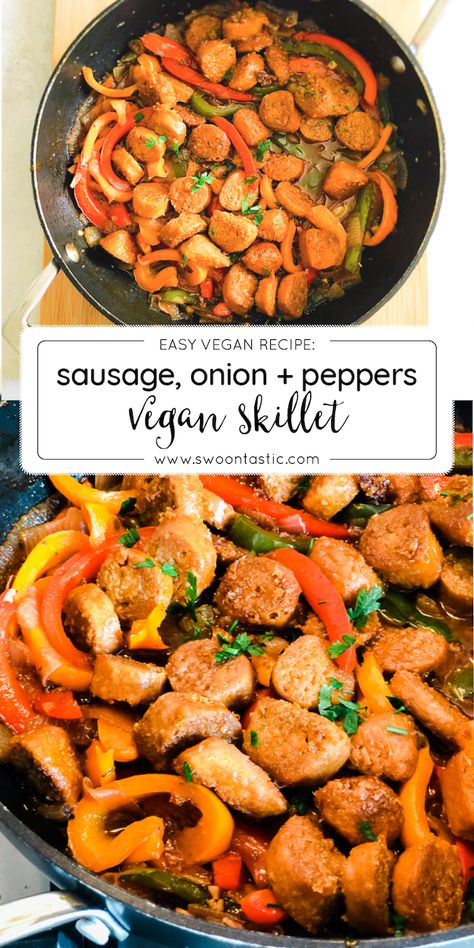 Vegan Sausage, Peppers and Onion Skillet: Quick and easy Vegan Sausage, Peppers and Onion Skillet dinner recipe idea. Ready in under 30min!  #vegan #italiansausage #skilletmeal #skilletdinner #swoontastic #vegandinner #easyvegan #plantbased #vegetarian Sausage Onions And Peppers, Vegan Sausage Recipe, Italian Sausage Peppers, Sausage Peppers And Onions, Sausage Dinner, Skillet Dinner Recipes, Sausage Peppers, Easy Vegan Recipes, Sausage And Peppers