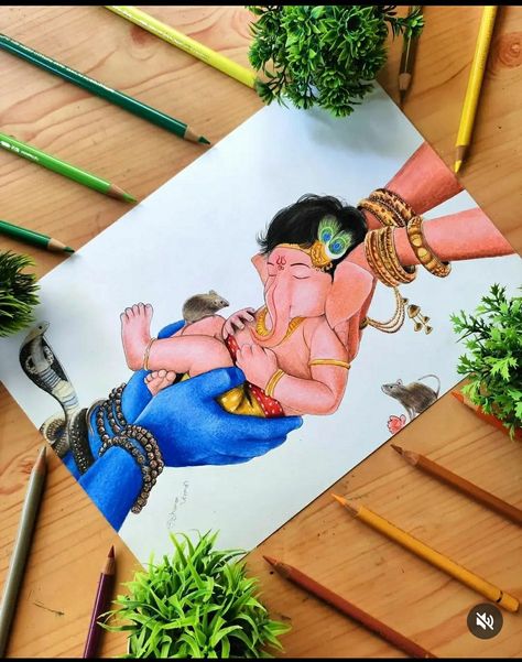 Cute Ganpati Bappa Sketch, Ganpati Colour Pencil Drawing, Creative Ganesha Painting, Indian Sketch Art, Ganpati Painting Ideas, Ganesh Bhagwan Drawing, God Ganesha Drawing, Bhagwan Ji Drawing, Ganpati Bappa Painting On Canvas Art