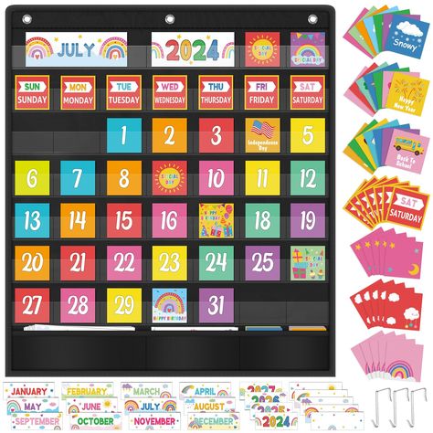 PRICES MAY VARY. Package Includes: You will receive 1 classroom calendar pocket chart featuring 46 pockets and 121 cards. The cards include days, weeks, months, years, seasons, weather, special events, festivals, and blank erasable cards for custom events. Our colorful rainbow classroom calendar is perfect for the classroom, office, and home. Brighten Your Classroom: Featuring a colorful rainbow design with cute patterns like stars and rainbows, our school calendar will brighten up your classroo Calendar Ideas For Classroom, Chart For Preschool, Black Classroom, Classroom Must Haves, Kindergarten Calendar, Preschool Play, Rainbow Classroom, Classroom Calendar, Chart For Kids