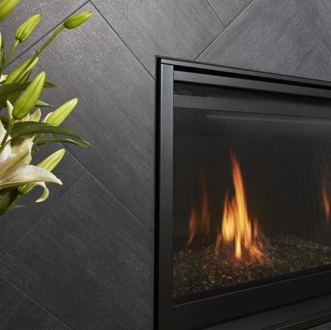 Modern Tiled Fireplace, Herringbone Tile Fireplace, Tiled Fireplace Wall, Tile Around Fireplace, Slate Fireplace, Arizona Tile, Tile Fireplace, Dark Tile, Fireplace Tile Surround