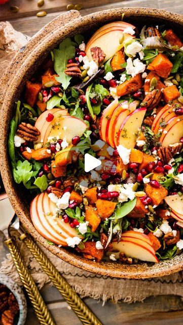 Elena Davis| Italian Recipes on Instagram: "🍁🍎🥬Autumn Harvest Salad…
A must make this time of year! Start making it now and ⬇️SAVE it for your all holiday parties. It hits all the texture and flavor points for a yummy salad everyone loves! Mangia. Made with Amore, 💙Elena. 
🌟COMMENT “SALAD” and I’ll 💌DM you the full printable recipe. 

🛒WHAT YOU WILL NEED:

🥬Salad:
- Spring mix or mixed greens
- Seasoned and roasted butternut squash
- Honeycrisp apples, cored and thinly sliced
- Roasted pumpkin seeds (pepitas)
- Candied pecans
- Pomegranate seeds
- Goat cheese, crumbled

🧡Butternut Squash:
- Butternut squash, peeled, seeded, and diced into 1/2-inch cubes
- Olive oil
- Salt
- Cayenne Pepper
- Ground cinnamon
- Ground nutmeg

🫙For the Homemade Apple Cider Vinaigrette (in a mason jar Apple And Butternut Squash, Squash Butternut, Fall Harvest Salad, Cranberry Vinaigrette, Apple Cider Vinaigrette, Cider Vinaigrette, Butternut Squash Salad, Homemade Apple Cider, Harvest Salad