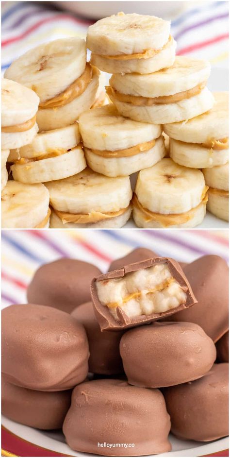 Chocolate Banana Peanut Butter Bites Banana Peanut Butter Snack, Snacks To Make After School, Banana And Peanut Butter Snack, Banana Peanut Butter Bites, Chocolate Banana Bites, Frozen Fruit Snacks, Frozen Banana Recipes, Frozen Chocolate Bananas, Frozen Deserts