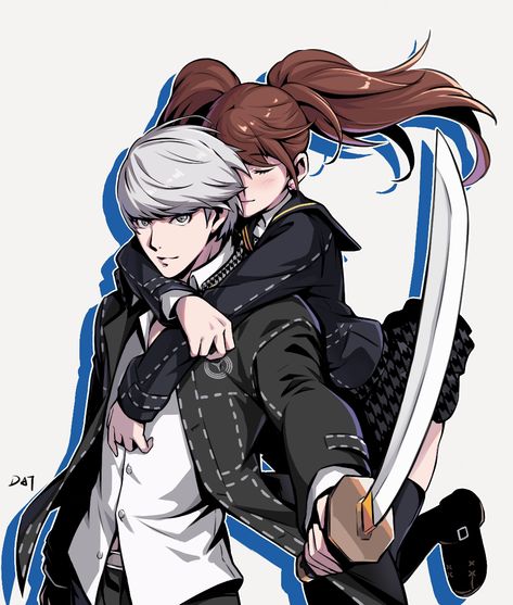 Yu X Rise, Bangs Brown Hair, Rise Kujikawa, Yu Narukami, Hug From Behind, Colored Shadow, Persona 5 Anime, Grey Eyes, Shin Megami Tensei Persona