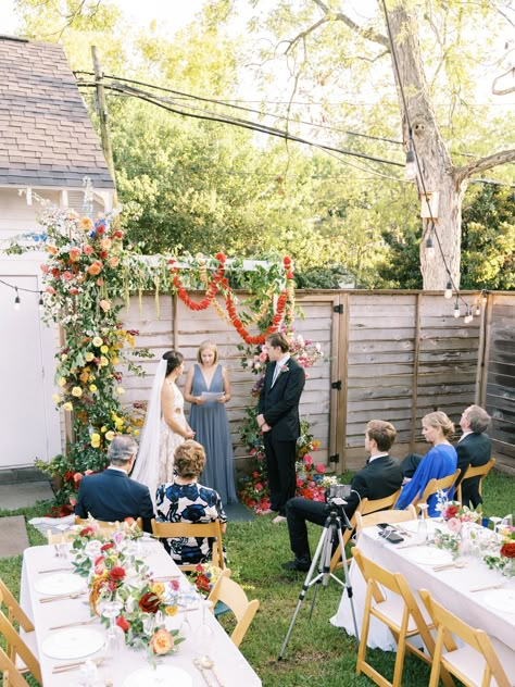 Micro Backyard Wedding, Micro Backyard, Home Wedding Ideas, Wedding Reception At Home, Backyard Lighting Ideas, Backyard Wedding Decorations, Backyard Wedding Ideas, Backyard Wedding Ceremony, Small Weddings Ceremony