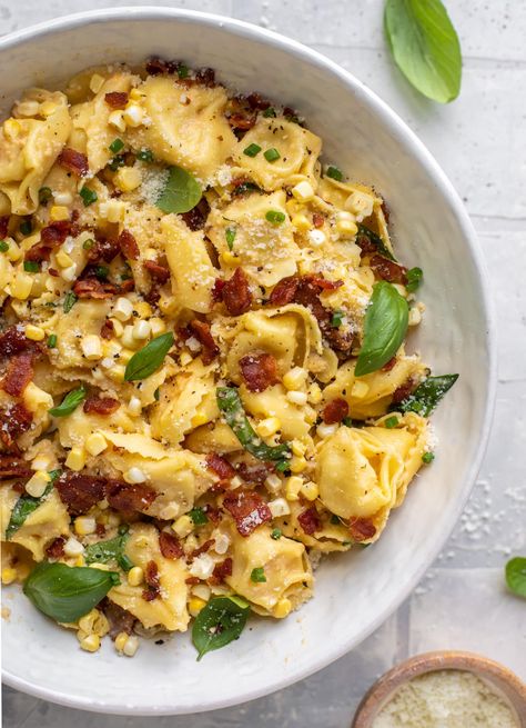 Tortellini Carbonara - Summer Tortellini Carbonara with Corn & Basil Dinner Ideas Tortellini, Fresh Corn Off The Cob, Tortellini Carbonara, Summer Tortellini, Summer Dinner Ideas, Comfort Dinner, Tortellini Recipes, Summer Dinner, Sweet Corn