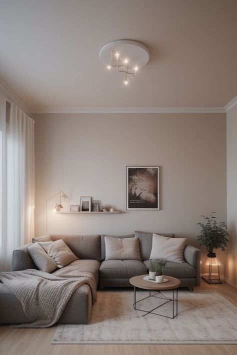 Ash Grey Living Room Ideas, Grey Sofa Beige Walls, Greige Apartment, Gray Beige Living Room, Minimalist Cozy Living Room, Cream And Grey Living Room, Grey Beige Living Room, Living Room Floor Ideas, Grey And Beige Living Room