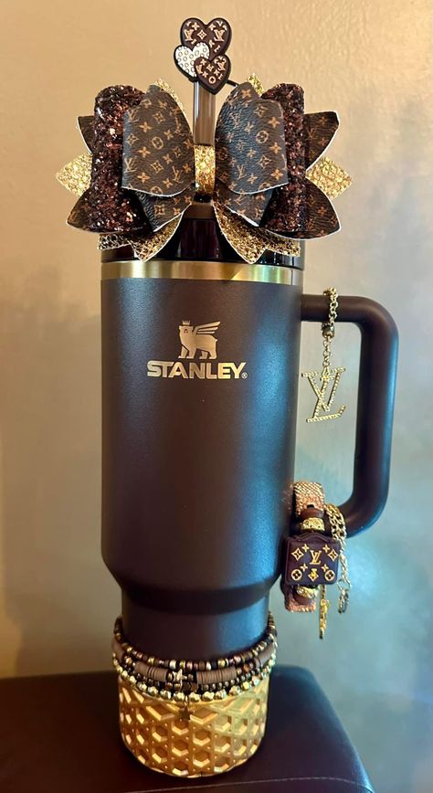 Lv Stanley Cup, Blinged Out Stanley Cup, Decorating Stanley Cup, Stanley Accessories Aesthetic, Stanley Cups Aesthetic, Stanley Cup Accessories Ideas, Stanley Cup Accessories, Stanley Cup Aesthetic, Bedazzled Stuff