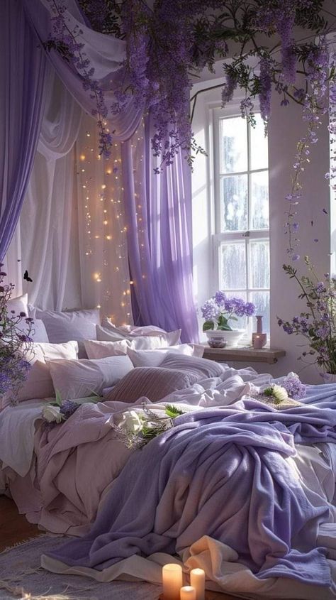 Purple Decor Aesthetic, Purple Fairy Bedroom, Shades Of Purple Bedroom, Purple Bedroom Inspirations, Lavender And Gold Bedroom, Wisteria Bedroom Decor, Fairy Decor Bedroom, Dreamy Bedrooms Romantic, Turquoise Bedrooms