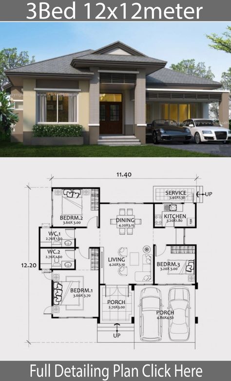 Three Bedroom House Plan, Bungalow Style House, Pelan Rumah, Modern House Floor Plans, Bungalow Floor Plans, Bungalow Style House Plans, Affordable House Plans, Modern Bungalow House, Simple House Design