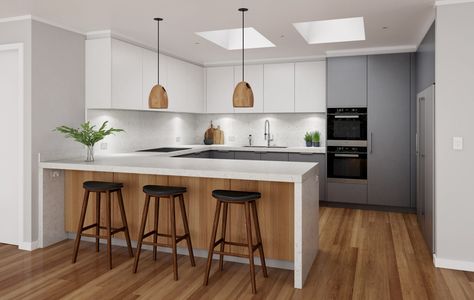 One of the most practical layouts for a family kitchen is the U shape kitchen with breakfast bar peninsula. #DanKitchensAus Kitchen Renovation U Shape, Kitchen With Side Island, Lights Over Peninsula, Kitchens With Breakfast Bars, Kitchen In U Shape, Breakfast Bar Lights, Practical House, Kitchen Side Bar, U Shaped Kitchen With Bar