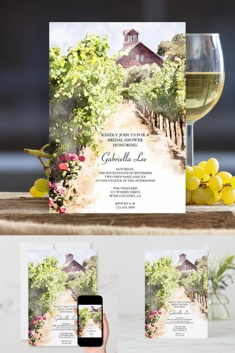 Invite guests to your informal winery party honoring the bride to be with the casual yet classy Vineyard and Red Barn Watercolor Wedding Shower Invitation. This scenic custom natural vineyard style Wedding Shower Invite features a digitally watercolor painted scenic photograph of rows of green grape vines growing along path with a red barn in the distance and red roses in the foreground. Perfect inspo for a California or Napa Valley wine country destination celebration event. Winery Party, Cowboy Groom, Vineyard Wedding Invitations, Wine Red Wedding, Cowgirl Bride, Wedding Shower Invitation, Red Wedding Invitations, Green Grape, Barn Parties