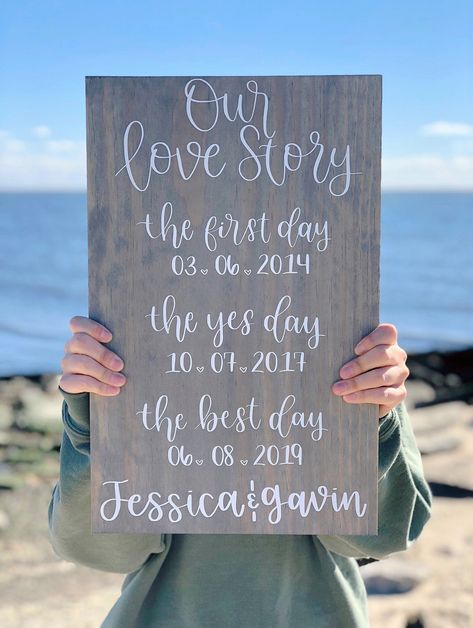 Our Love Story Sign, Yes Day, Beach Wedding Decorations Reception, Engagement Signs, Our Love Story, Wedding Shower Gifts, Beach Wedding Decorations, Cadeau Couple, Wedding Beach