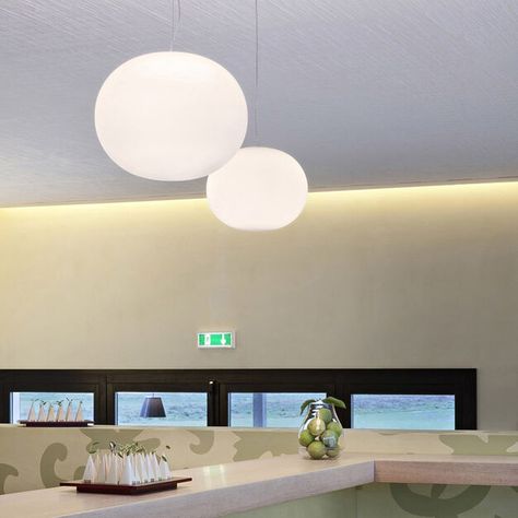 Flos Glo Ball, Modern Minimalist Kitchen, Ball Pendant Lighting, Contemporary Pendant Lights, Halogen Lamp, Glass Pendant Lamp, Luminaire Design, Ball Pendant, Suspension Lamp