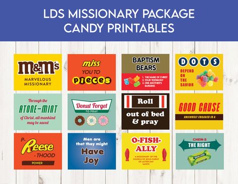 Lds Missionary Packages, Candy Printables, Holiday Care Package, Lds Baptism Program, Baptism Program, Missionary Care Packages, Family Proclamation, Junior Mints, Lds Mission