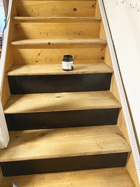 DIY painted stairs Diy Basement Stairwell Makeover, Upgrade Basement Stairs, Wood Basement Stairs, Update Basement Stairs, Staining Basement Stairs, Cheap Basement Stair Makeover, Repaint Stairs, Painted Plywood Stairs, Easy Diy Stairs Makeover