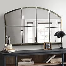 Mirror For Fireplace, Fireplace Entryway, Mirror Over Fireplace, Black Entryway, Mirror And Sconces, Mirror Farmhouse, Wide Mirror, Mantel Mirror, Window Pane Mirror