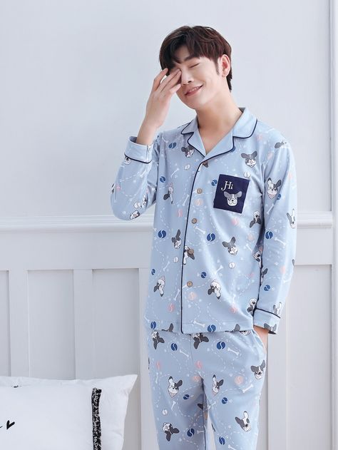 Men Dog Print Button Up Pajama Set -SheIn(Sheinside) Dr Pajamas, Mens Night Suit, Dog Pjs, Boys Pjs, Button Up Pajamas, Men Loungewear, Illustration Studio, Couple Pajamas, Pajama Fashion