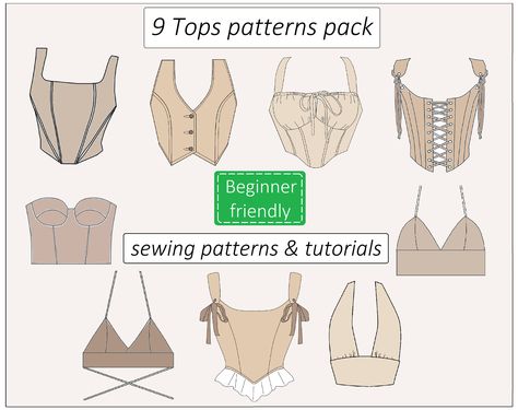 Sew A Top Pattern, Crop Top Template Sewing, Beginner Corset Pattern, Rave Top Pattern, Handkerchief Sewing Pattern, Corset Shirt Pattern, Beginner Sewing Outfits, Lace Sewing Patterns, Bolero Top Pattern