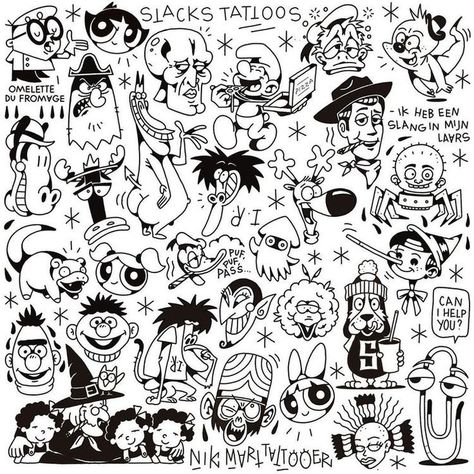 Flash Art Tattoos, Tato Minimal, Pola Tato, Arte Doodle, Kunst Tattoos, Cartoon Character Tattoos, Flash Tattoo Designs, Tattoo Flash Sheet, Doodle Tattoo