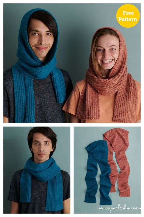 Unisex Hood Scarf Free Knitting Pattern Knitting Fashion Design, Easy Scarf Knitting Patterns, Hooded Scarf Pattern, Hood Scarf, Hoodie Scarf, Hood Pattern, Knitting Patterns Free Scarf, Simple Scarf, Knit Projects