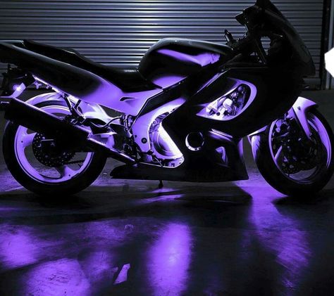 Sweet!!! Black Motorcycle With Purple Lights, Kawasaki Ninja H2r Purple, Black And Purple Motorcycle, Baby Motorbike, Neon Motorcycle, Motorbike Aesthetic, Moto Rose, Purple Motorcycle, Motos Kawasaki