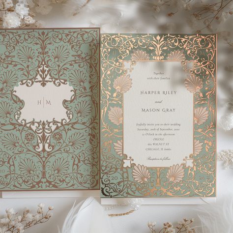 Embrace the grandeur of your wedding day with this stunning invitation, which features a luxurious baroque design in sage and a shimmering rose gold foil. The front of the invitation is a testament to elegance with a central beige panel for the couple's initials, surrounded by an elaborate pattern reminiscent of the artistic richness of the Baroque era. The back of the invitation, equally opulent, presents the wedding details framed by a cream-colored text box, with the ornate sage and rose gold Nikkah Card, Luxury Indian Wedding, Baroque Wedding, Wedding Card Design Indian, Timeless Wedding Invitations, Muslim Wedding Cards, Muslim Wedding Invitations, Gold Foil Design, Luxury Invitation