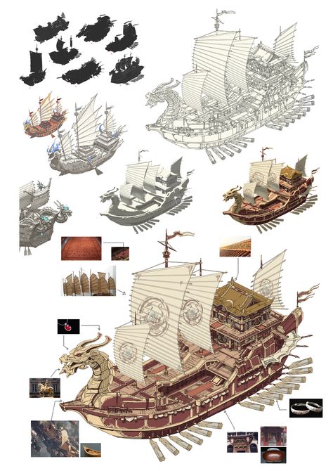 ArtStation - Three Kingdoms era dragon boat Dragon Ship Art, Boat Fantasy Art, Fantasy Pirate Ship, Dnd Ship, Fantasy Boat, Pirate Ship Design, Fantasy Ship, Transport Ship, Navi A Vela