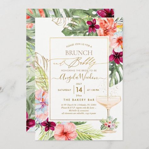 PixDezines H2 Tropical Paradise Brunch Bubbly Invitation Tropical Garden Party, Hibiscus Wedding, Tropical Bridal Shower Invitations, Wedding Welcome Gifts, Brunch Bubbly, Paradise Flowers, Tropical Bridal Showers, Tropical Bridal, Bridal Luncheon