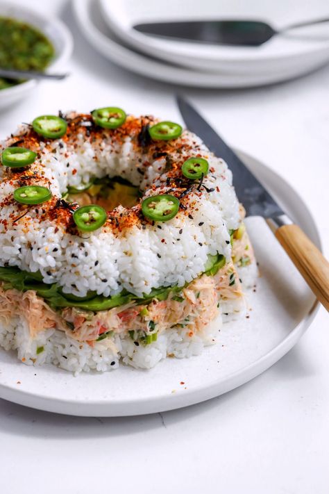 Sushi Bundt Cake - Food My Muse Avocado Sushi Cake, Sushi Bundt Cake Recipe, Sushi Bundt Cake, Sushi Birthday Cake, Sushi Cakes, Bunt Cake Recipe, Grain Dishes, Crab Sushi, California Roll Sushi