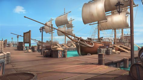 Medieval Docks, Dock Art, Dnd Backgrounds, Anime Places, Sea Of Thieves, Fantasy Background, My Fantasy World, Fantasy City, Boat Dock