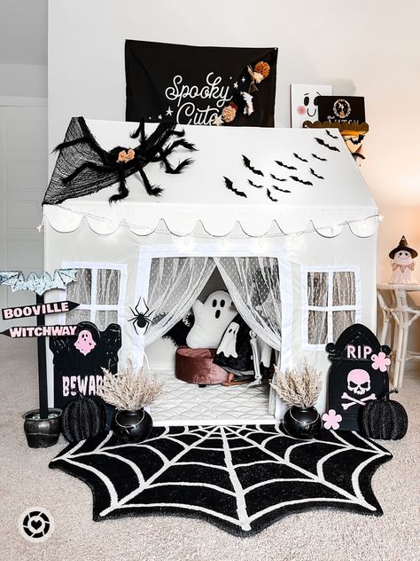 My kids LOVE this playhouse tent and I have so much fun decorating it for the different seasons! So affordable and adorable! #playroom #play #playhouse #halloweenideas #spookyspaces #girlroomdecor Playroom Seasonal Decor, Gothic Playroom, Play Tent Decor, Witchy Playroom, Kids Tent Decoration Ideas, Kids Room Halloween Decor, Kids Halloween Decor, Kids Playhouse Decor, Halloween Playroom