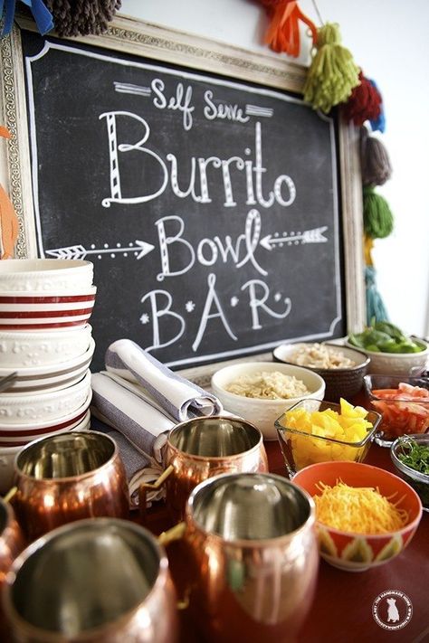 easy burrito bowl bar - a great idea for parties! Burrito Bowls For A Crowd, Breakfast Bowl Bar, Breakfast Burrito Bar Ideas, Office Luncheon Ideas, Work Luncheon Ideas, Lunch Bar Ideas, Breakfast Burrito Bar, Burrito Bowl Bar, Easy Burrito Bowl