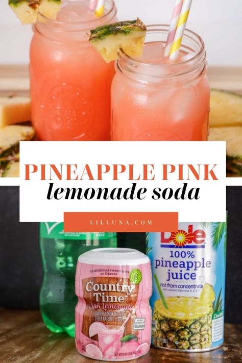 All-time Favorite Party Drink - this Pink Drink recipe (aka Baby Shower Punch) takes a minute to make and is made with 3 ingredients including  -  pink lemonade dry mix, sprite, & pineapple juice! #pineapplepinklemonadedrink #pinklemonade #pineapplelemonadedrink #pinkdrink #partypunch Pineapple Pink Lemonade Soda, Lemonade Pineapple Juice Sprite, Princess Party Punch Recipes, Sparkling Pink Punch, Country Time Lemonade Recipe Party Ideas, Pink Lemonade Cocktail Recipe, Pineapple Mango Lemonade Recipe, Summer Drinks Nonalcoholic Pitcher, Pixie Punch Recipe