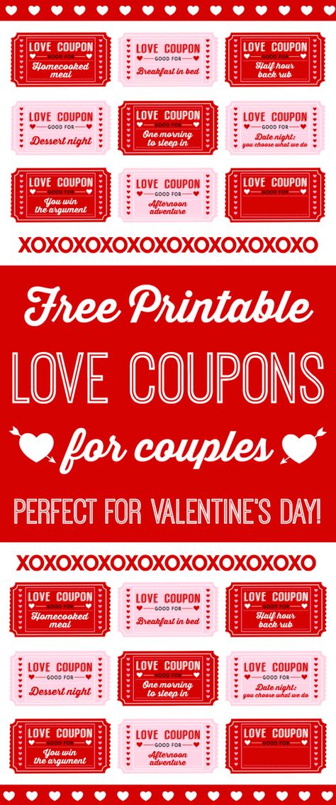 Free Printable Love Coupons for Couples on Valentine's Day! Just download them, print them out and give them to the one you love! See more Valentine's Day party and gift ideas at CatchMyParty.com. Coupons D'amour, Love Coupons For Him, Printable Love Coupons, Valentines Bricolage, Valentinstag Party, Valentine's Day Printables, Valentines Coupons, Coupon Template, Valentines Printables Free