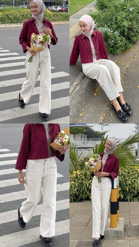 Maroon White Outfit, Cream Red Outfit, Ootd Kemeja Maroon, Burgundy Hijab Outfit, Maroon And White Outfits, Ootd Celana Cream, Maroon Outfit Aesthetic, Maroon Hijab Outfit, Outfit Celana Cream