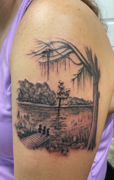 Florida Swamp Tattoo, River Scene Tattoo, Riverbank Tattoo, Stream Tattoo River, Everglades Tattoo, Swamp Tattoo Ideas, Cliff Tattoo, Swamp Tattoo, Hatchet Tattoo