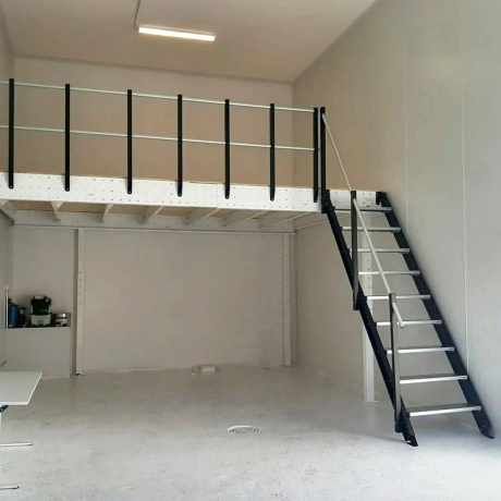 Garages – Tecrostar Gallery Shop Mezzanine Ideas, Shed Mezzanine Ideas, Shed Turned House, Small Warehouse Design, Mezzanine House, Mezzanine Ideas, Warehouse Layout, Garage Extension, Loft Style Homes