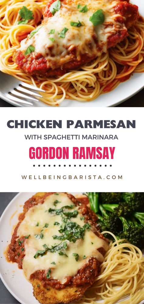 Experience the thrill of Gordon Ramsay's Chicken Parmesan, a beloved dish known for its crispy coating and gooey cheese. Discover the secrets behind the perfect flour, egg wash, and breadcrumb technique. Pair it with perfectly timed spaghetti and nutritious broccoli rabe for a complete meal Spaghetti And Broccoli, Chicken Parmesan With Spaghetti, Gordon Ramsay Chicken, Gordon Ramsay Dishes, Gordon Ramsay Recipes, Crispy Breaded Chicken, Chef Ramsey, Gordon Ramsey Recipes, English Recipes